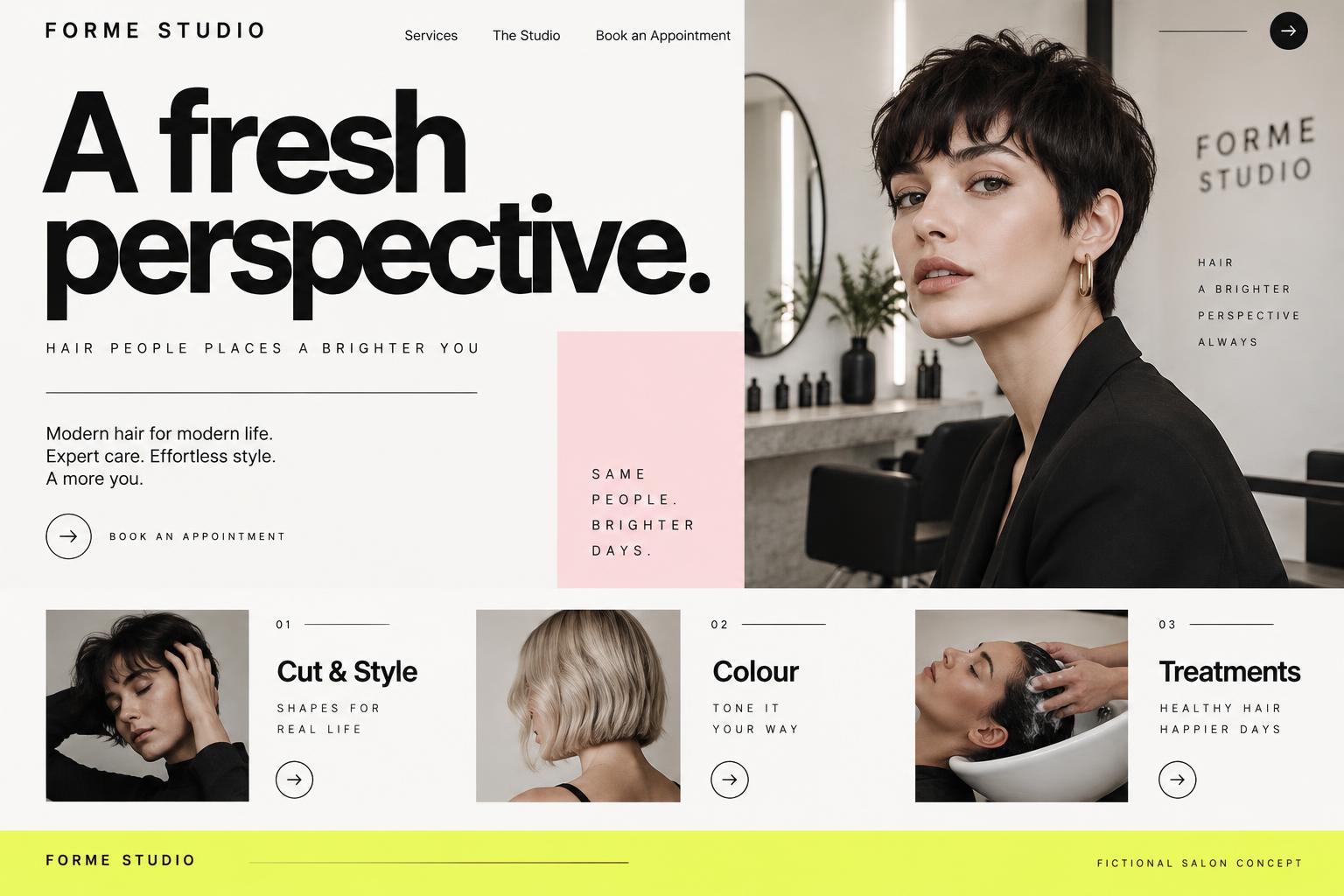 Fictional Forme Studio salon homepage with bold editorial typography, lifestyle photography and a pink and lime identity