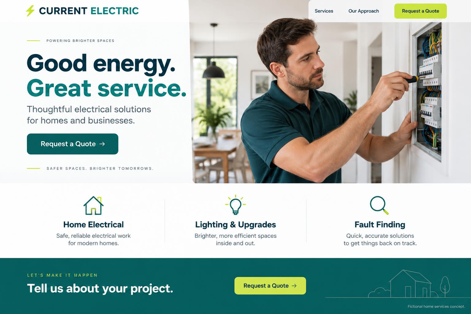 Fictional Current Electric homepage with clear services, teal and lime accents and a prominent quote request
