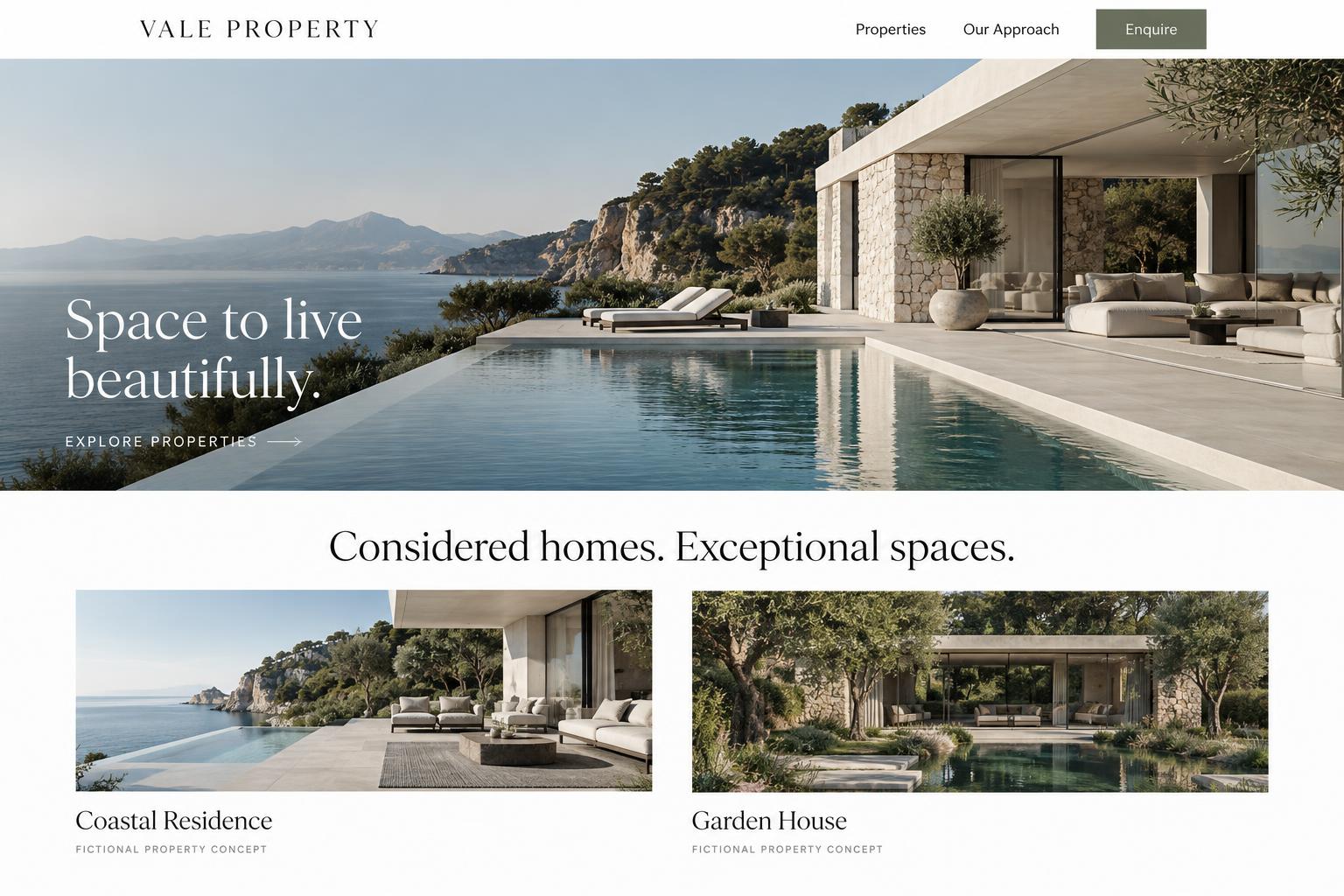 Fictional Vale Property homepage featuring a coastal villa, architectural photography and minimalist serif typography