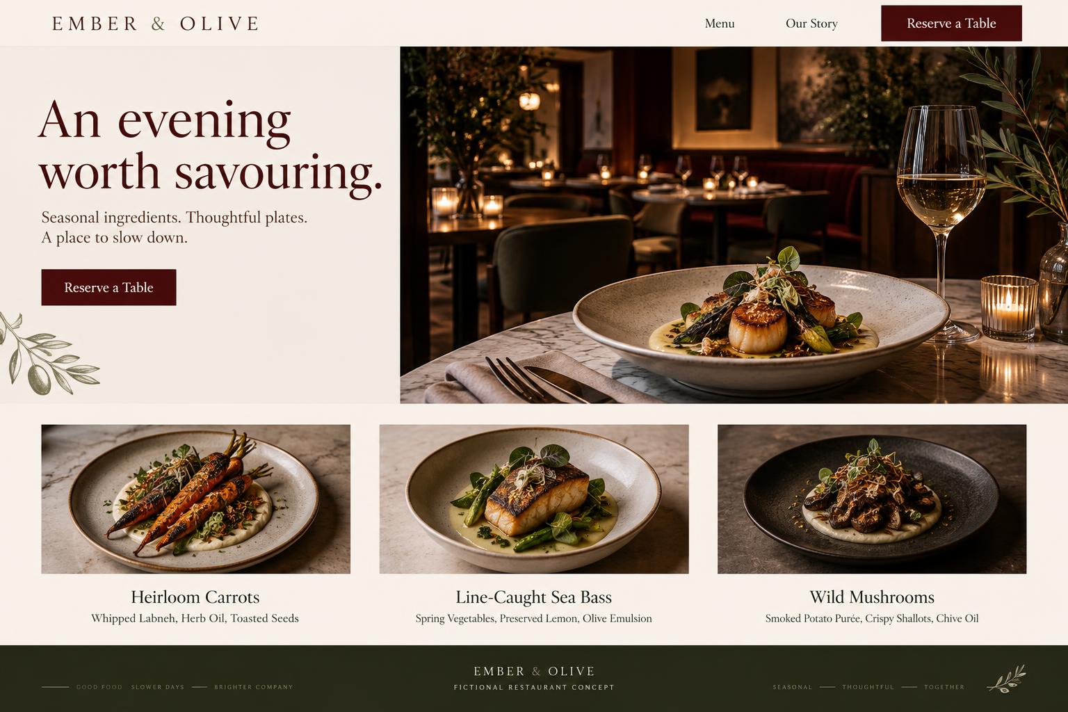Fictional Ember & Olive restaurant homepage with elegant burgundy typography, seasonal dishes and a reservation-led layout